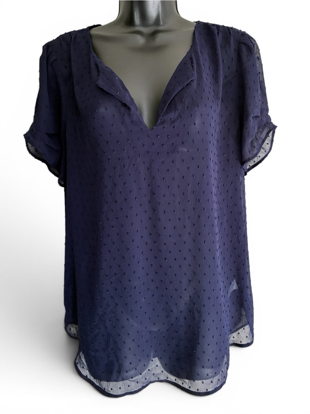 Workwear Office Coquette Navy Sheer Swiss Dot Blouse Sz L
